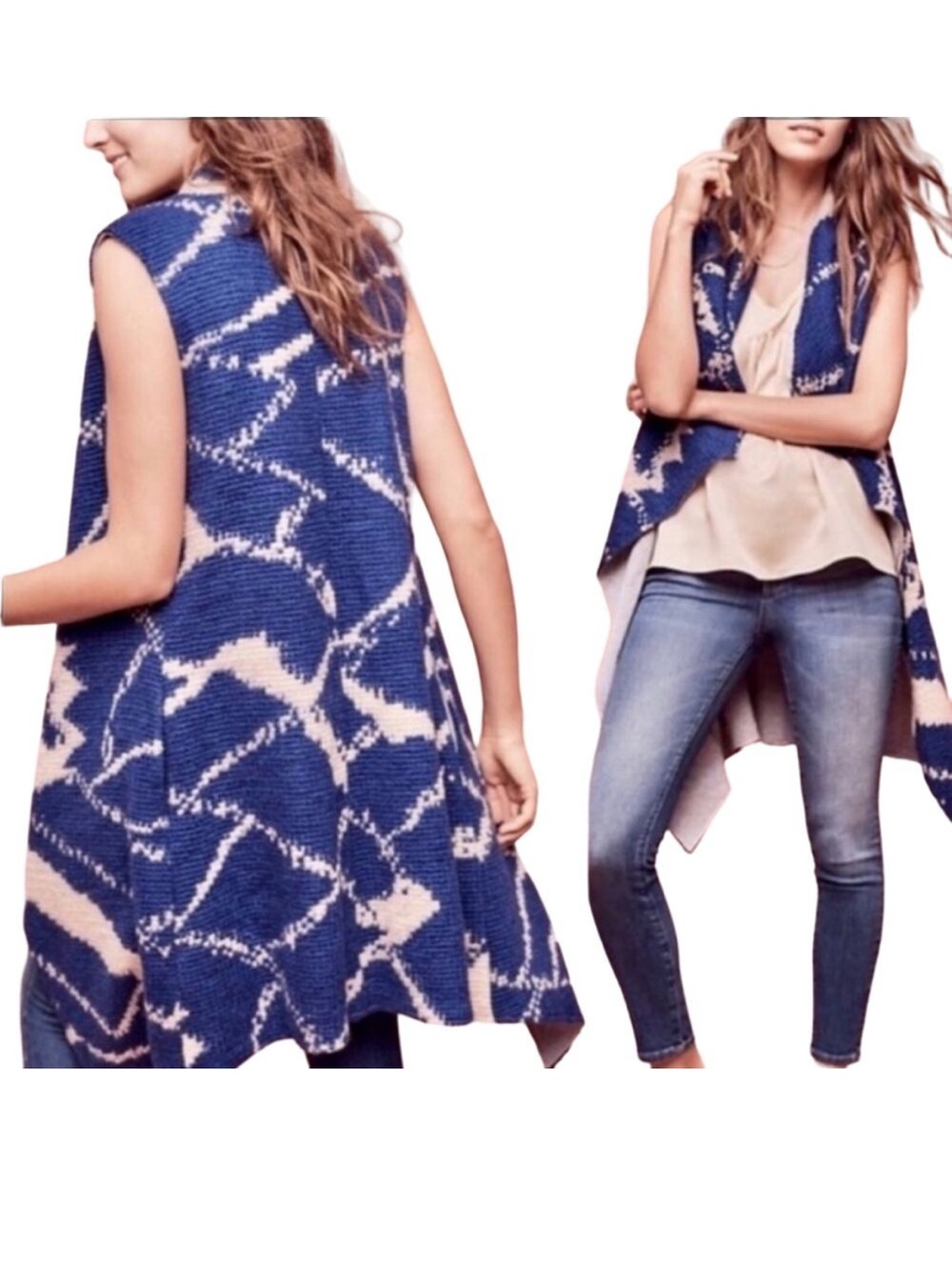 Anthropologie Tabitha Merima Duster Vest Blue Cream Wool Mohair XS